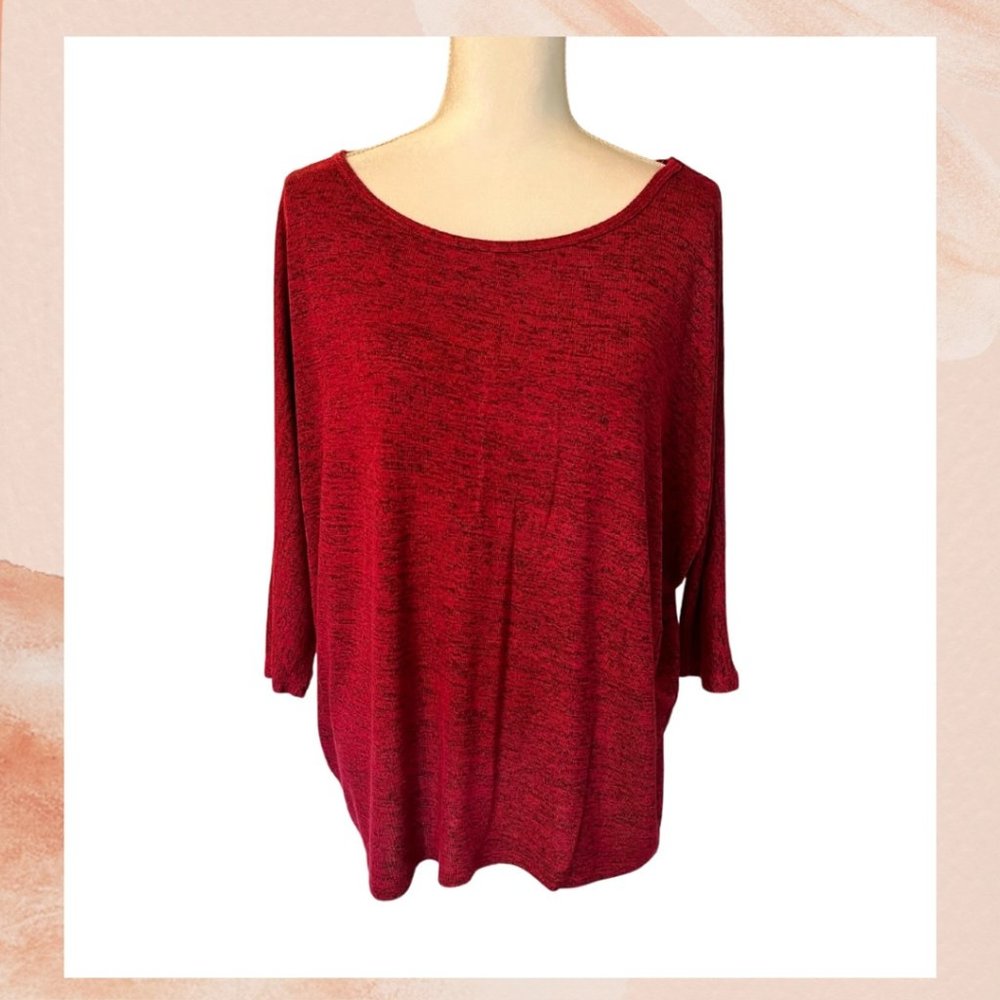 Red Heathered Wide Neck 3/4 Sleeve Top